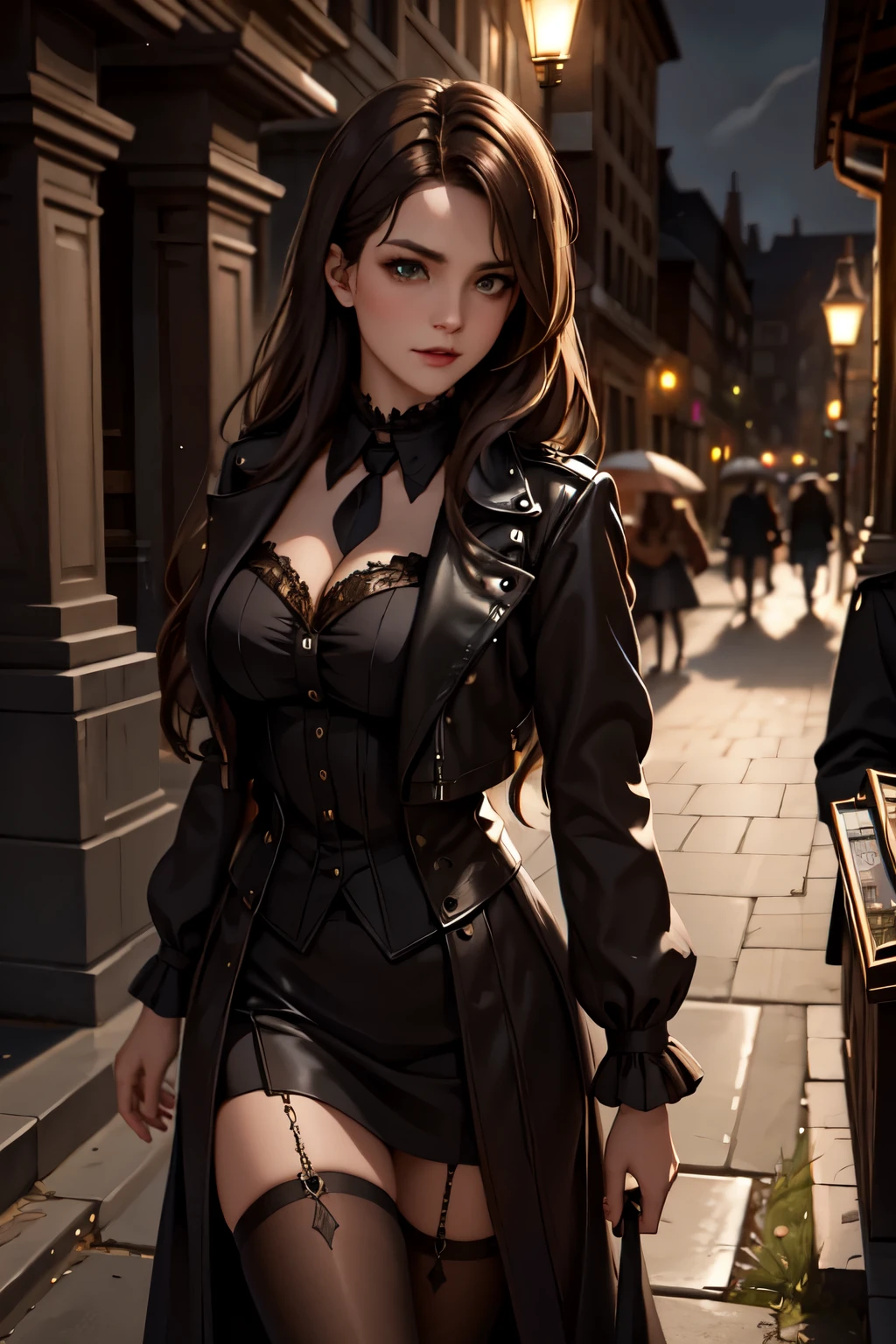 Cinematic, Vampire slayers, walks in an Gothic cemetery at night wearing a gothic steampunk fashion dress, fog and rainy condition, ghostly atmosphere, 1800s, (high skin detail: 1.2), ultra-detailed, photo-realistic, depth of field, cinematic lighting, IMAX camera, HDR, DTM, Full HD, 8k , captured in ultra high resolution with photorealistic and beautiful lighting. This masterpiece is of the best quality and is set against a zentangle abstract background (weighted at 1.4).
