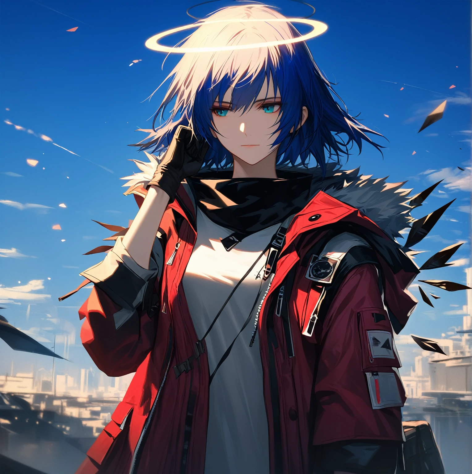 (woman), ((Mostima from arknights)), masterpiece, best quality, blue hair, ((short hair)), horns, plain white shirt, red fullbody coat, dark blue eyes, realistic anime style, faint smile, ((portrait)), black gloves, carring a bag, halo.