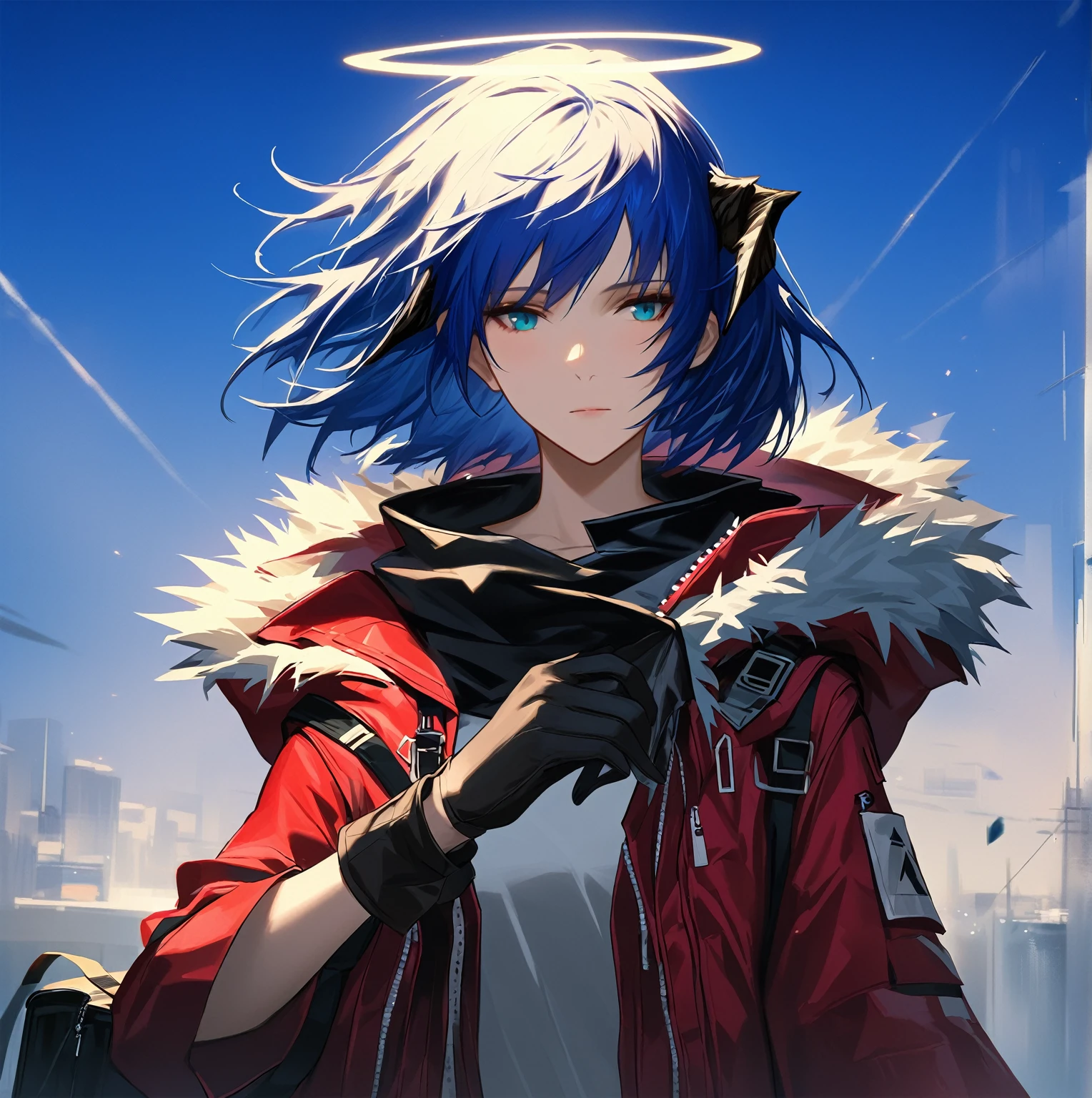 (woman), ((Mostima from arknights)), masterpiece, best quality, blue hair, ((short hair)), horns, plain white shirt, red fullbody coat, dark blue eyes, realistic anime style, faint smile, ((portrait)), black gloves, carring a bag, halo.