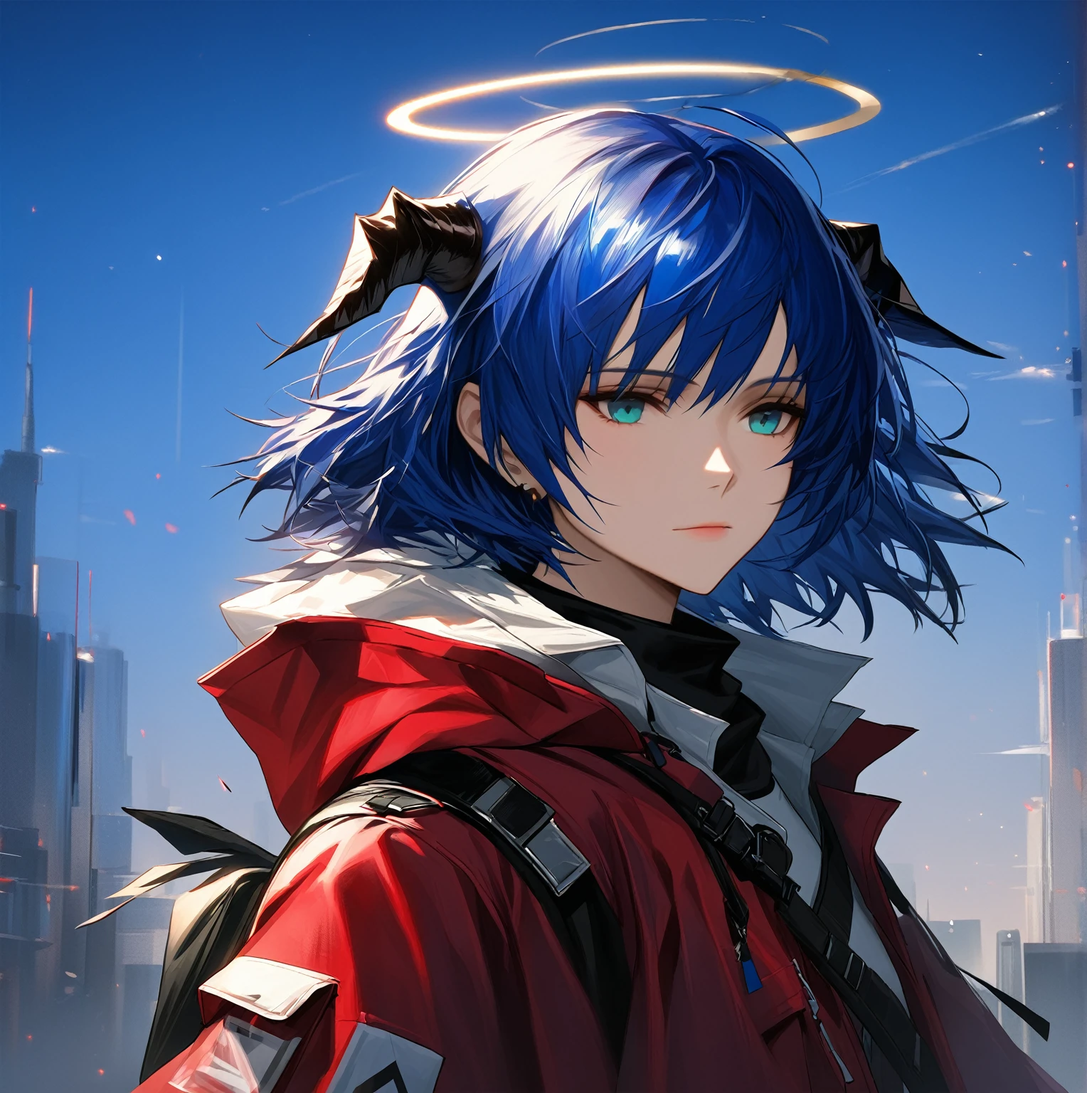 (woman), ((Mostima from arknights)), masterpiece, best quality, blue hair, ((short hair)), horns, plain white shirt, red fullbody coat, dark blue eyes, realistic anime style, faint smile, ((portrait)), black gloves, carring a bag, halo.