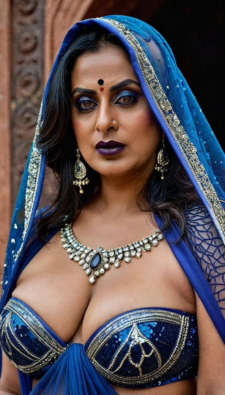 Looks like Mahie Gill, full body Closeup shot, Big chubby aunty, milf, cougar lady witch, horny Gothic milf,  70 years old gorgeous mature lady, pervert demoness, demoness of lust, curvy, black lips, horny face, extremely gorgeous, thick figure, heavy physique, voluptuous, curvy, sexy figure, Fashionable portrait of androgynous alien looking witch wearing veil, glowing eyes, futuristic design, minimal details, givenchy, photoreal, 200mm, hd, f/ 2.0, highly detailed, surreal, sexy beautiful evil woman, sexy bold sequin Saree with strapless Bra, chudail, Pishachini, horror genre, blood-thirsty enchantress, powerful female spirit, eerie, drop dead, in the style of red and blue, (intricate details, hyperdetailed:1.15) (skin texture:1.2), dark Moody tone, cinematic lighting, haunted place in background, hot Amma, hot aunty, hot bhabi, hot Chachi, heavy figure, fleshy figure, heavy and saggy breast, spicy hot woman, 