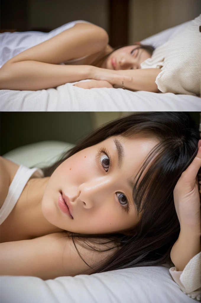 ((highest quality, masterpiece :1.3)), Photorealistic、Ultra-high resolution、Natural skin texture、Hyperrealism、Near Movies、Beautiful Japanese girl in her early teens、One girl、Tight crop top、Lying in bed、Frightened expression、Tears flowing