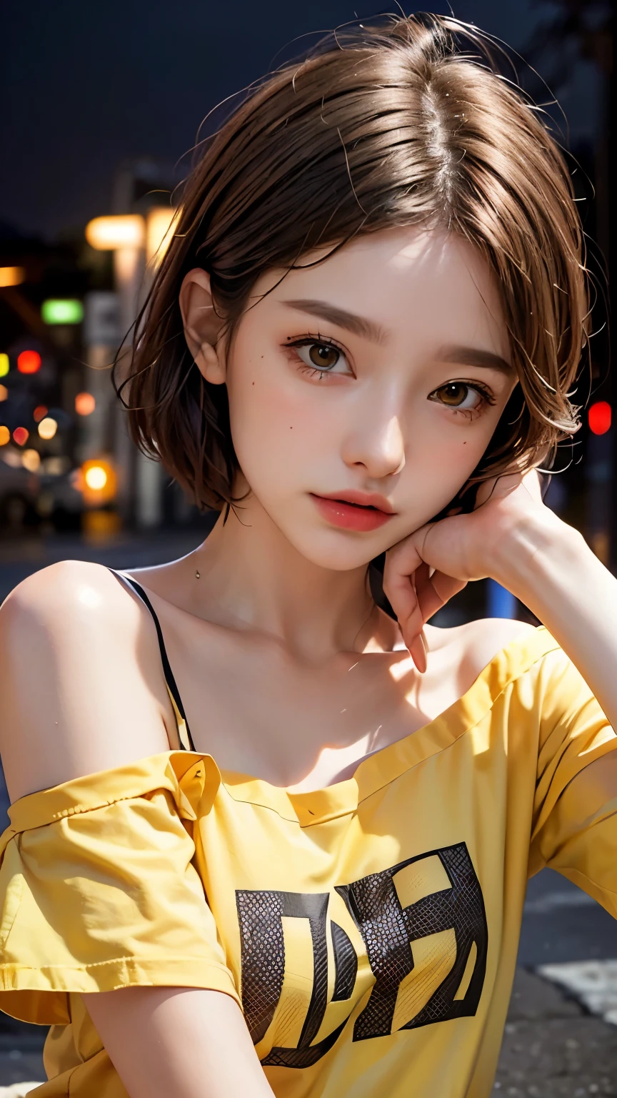 He is wearing a colorful, oversized yellow T-shirt.., Highest quality, masterpiece, Ultra-high resolution, (Realistic:1.4), RAW Photos, One Girl, Off the shoulder, In the Dark, Deep Shadow, Moderate, Night Alley, short hair, roadside, Sitting, 20-year-old,Cute Face, Tight shirt,(head shot:1.5)