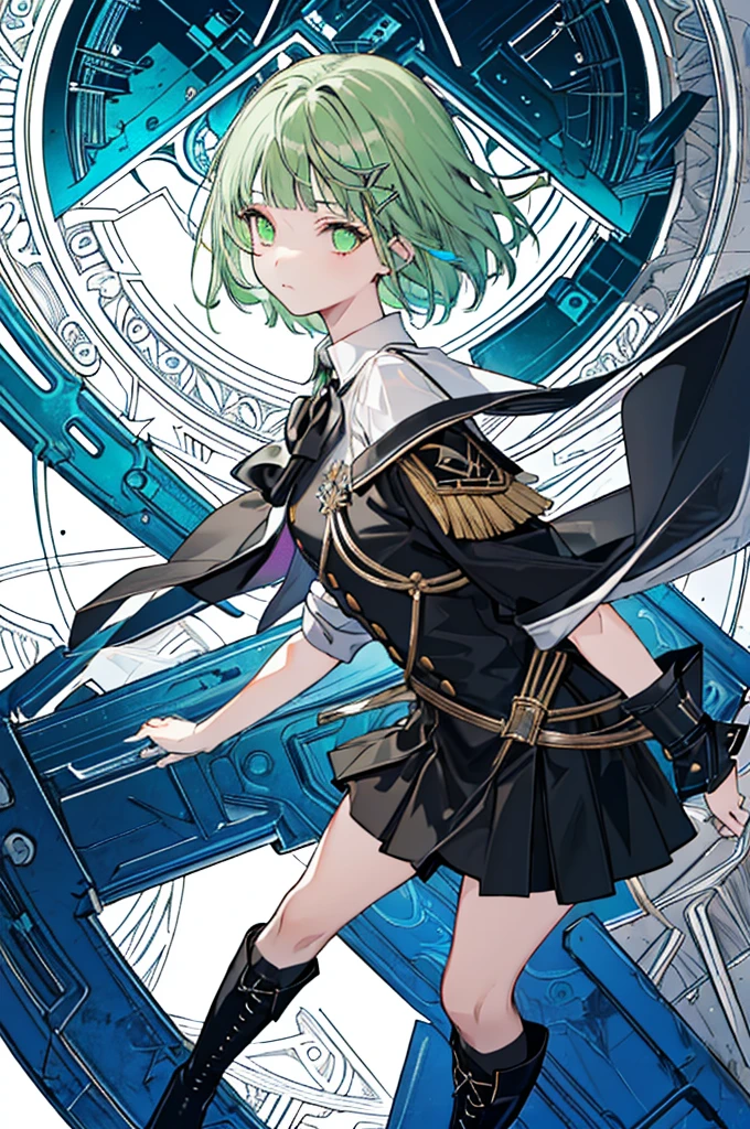 [(with a cathedral background:1.4)::5],original,(shape:1.1),(highest quality),(Tabletop:1.1),(Highly detailed CG Unity 8k wallpaper:1.1), (colorful:0.9),(Mid Shot:0.95),(very detailed beautiful whole body),Dynamic Angle,(alone:1.2), (girl),(((Adult))), (Beautiful eyes in every detail:1.15), (Beautiful Face:1.15), (Glowing green eyes:1.25////),(Gemstone Eyes),(Green Short Hair),(Blunt bangs),((The girl wear a black knight uniform)),Realistic,, girl,Green Hair,((Black long boots)), Black mini skirt,Black knee socks(rage),(Contempt and contempt),rage,(beautiful slender girl),((Adult)),((whole body)),Valkyrie, Decorations,((Thin legs)),((slender girl)),Front Angle,Front Angle,