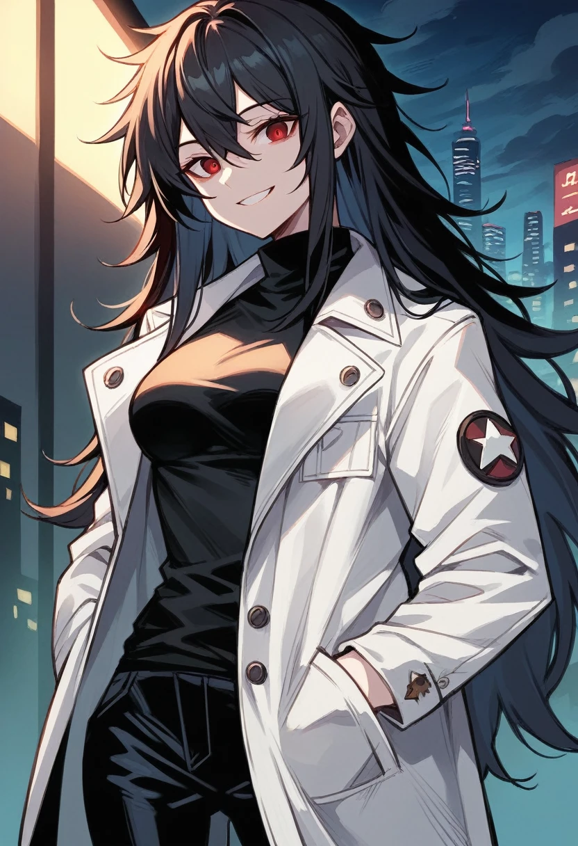 1girl, cloudy eyes, red eyes, turtleneck sweater, white jacket, black pants, close-up, perfect body, perfect anatomy, open jacket, cityscape, black hair, messy hair, long hair, long coat, night, hand in pocket, smile, looking at viewer, black sweater, medium breasts, 