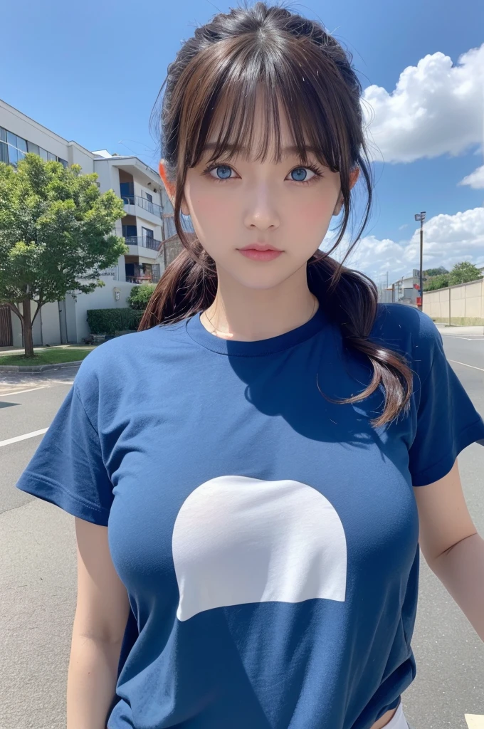 Gravure beauty, Narrow eyes, Rin々Funny face, Alluring, Heavy bangs, Long Hair, Loose curly hair, Light brown hair,ponytail,Blue eyes, Sky blue eyes, Big Tits,Oversized T-shirt