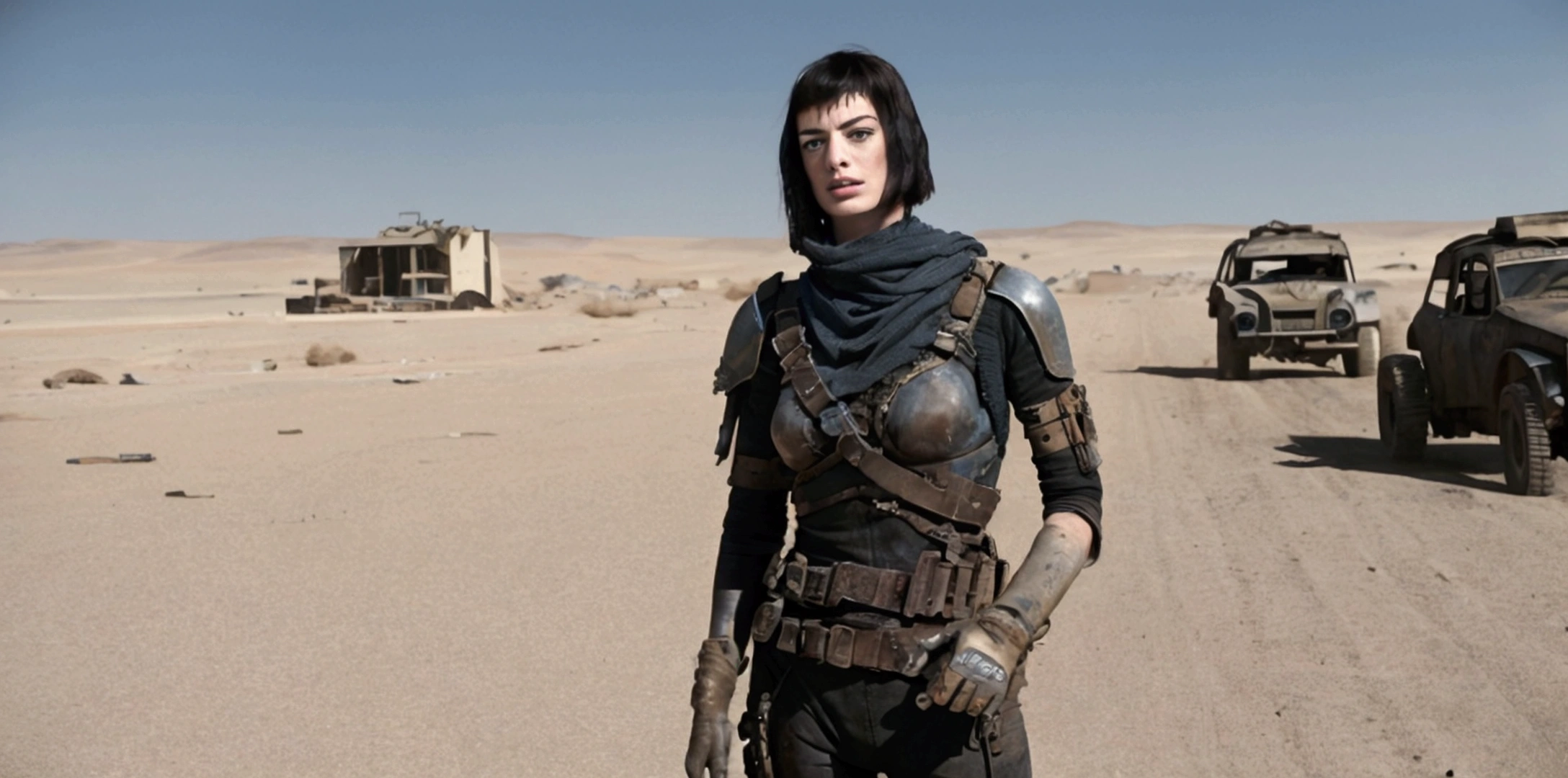 A detailed shot of Anne Hathaway as Furiosa, in a deserted city. Abandoned, desolated city. . A postapocaliptic shot. wasteland. George Miller´s Max Fury Road. Cinematic. 4k. HD.