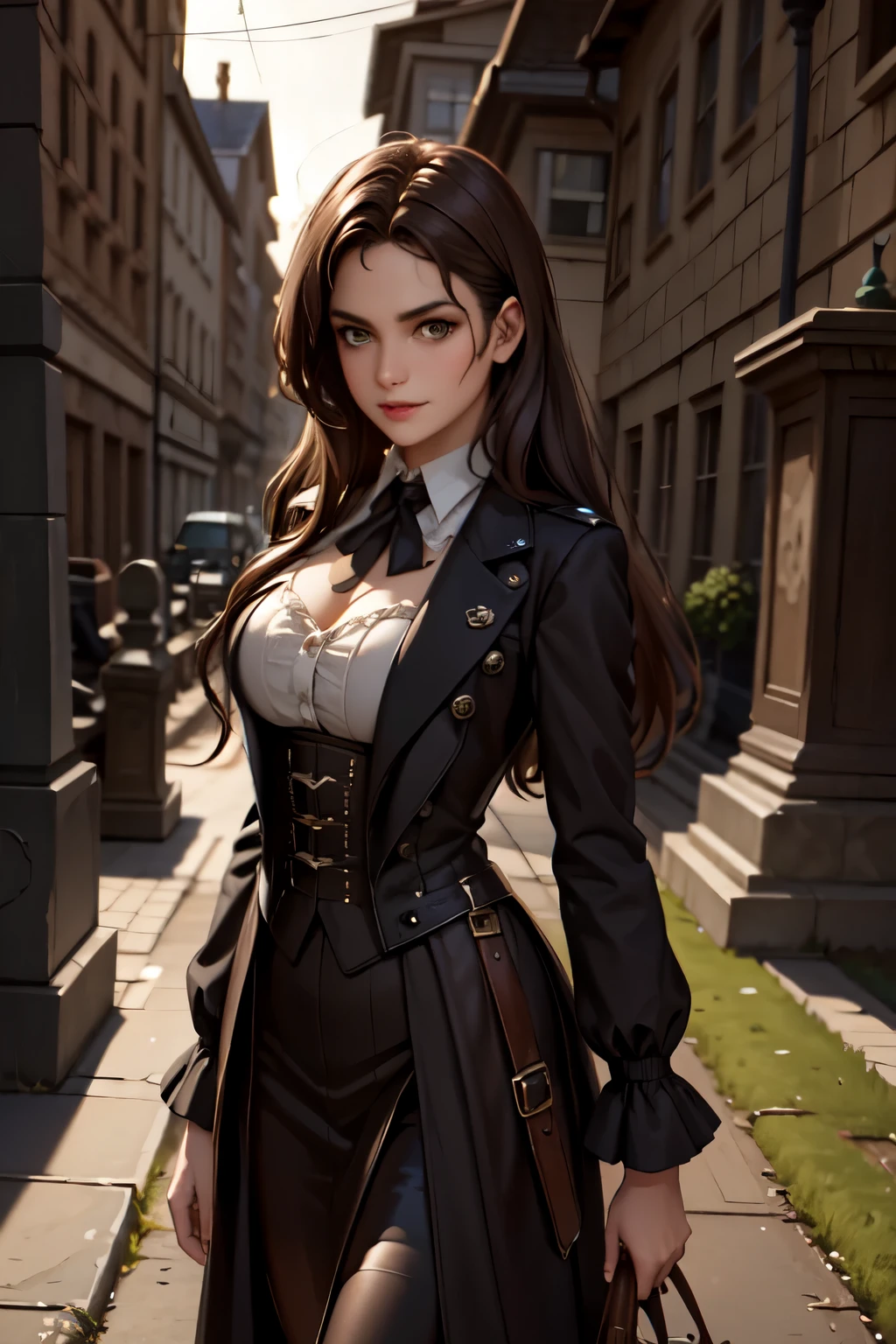 Cinematic, Vampire slayers, walks in an Gothic cemetery at night wearing a gothic steampunk fashion dress, fog and rainy condition, ghostly atmosphere, 1800s, (high skin detail: 1.2), ultra-detailed, photo-realistic, depth of field, cinematic lighting, IMAX camera, HDR, DTM, Full HD, 8k  , captured in ultra high resolution with photorealistic and beautiful lighting. This masterpiece is of the best quality and is set against a zentangle abstract background (weighted at 1.4).