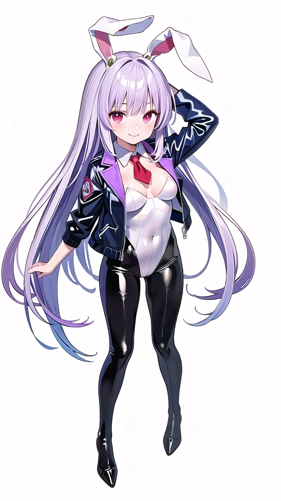 (((high quality))),(((masterpiece))),(((highly detailed))),((illustration style)),(((one girl))),(((reisen udongein inaba))), (touhou),(((red eyes))),rabbit girl,(((rabbit ears))),rabbit tail,(((light purple hair))),(((very long hair)))(((white leather jacket))),(((blue full bodysuit))),((latex)), (shiny clothes:1.2),(((grin))),(((full body))),(((arm behind head))),(((model posing))),((((simple white background))),(((Angle from above)))