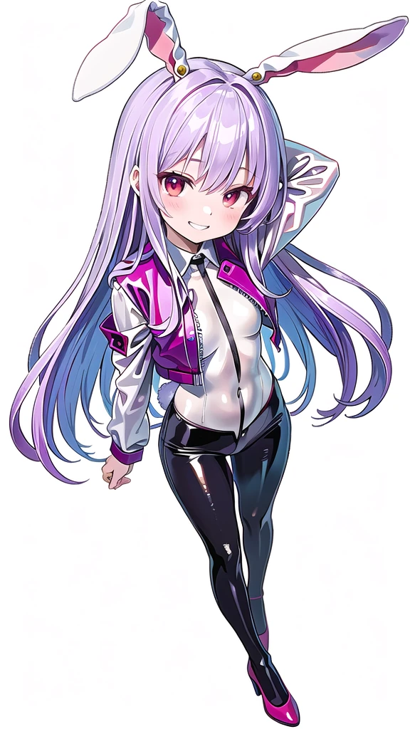 (((high quality))),(((masterpiece))),(((highly detailed))),((illustration style)),(((one girl))),(((reisen udongein inaba))), (touhou),(((red eyes))),rabbit girl,(((rabbit ears))),rabbit tail,(((light purple hair))),(((very long hair)))(((white leather jacket))),(((blue full bodysuit))),((latex)), (shiny clothes:1.2),(((grin))),(((full body))),(((arm behind head))),(((model posing))),((((simple white background))),(((Angle from above)))