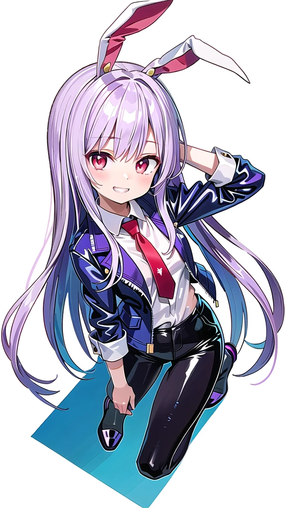 (((high quality))),(((masterpiece))),(((highly detailed))),((illustration style)),(((one girl))),(((reisen udongein inaba))), (touhou),(((red eyes))),rabbit girl,(((rabbit ears))),rabbit tail,(((light purple hair))),(((very long hair)))(((white leather jacket))),(((blue full bodysuit))),((latex)), (shiny clothes:1.2),(((grin))),(((full body))),(((arm behind head))),(((model posing))),((((simple white background))),(((Angle from above)))