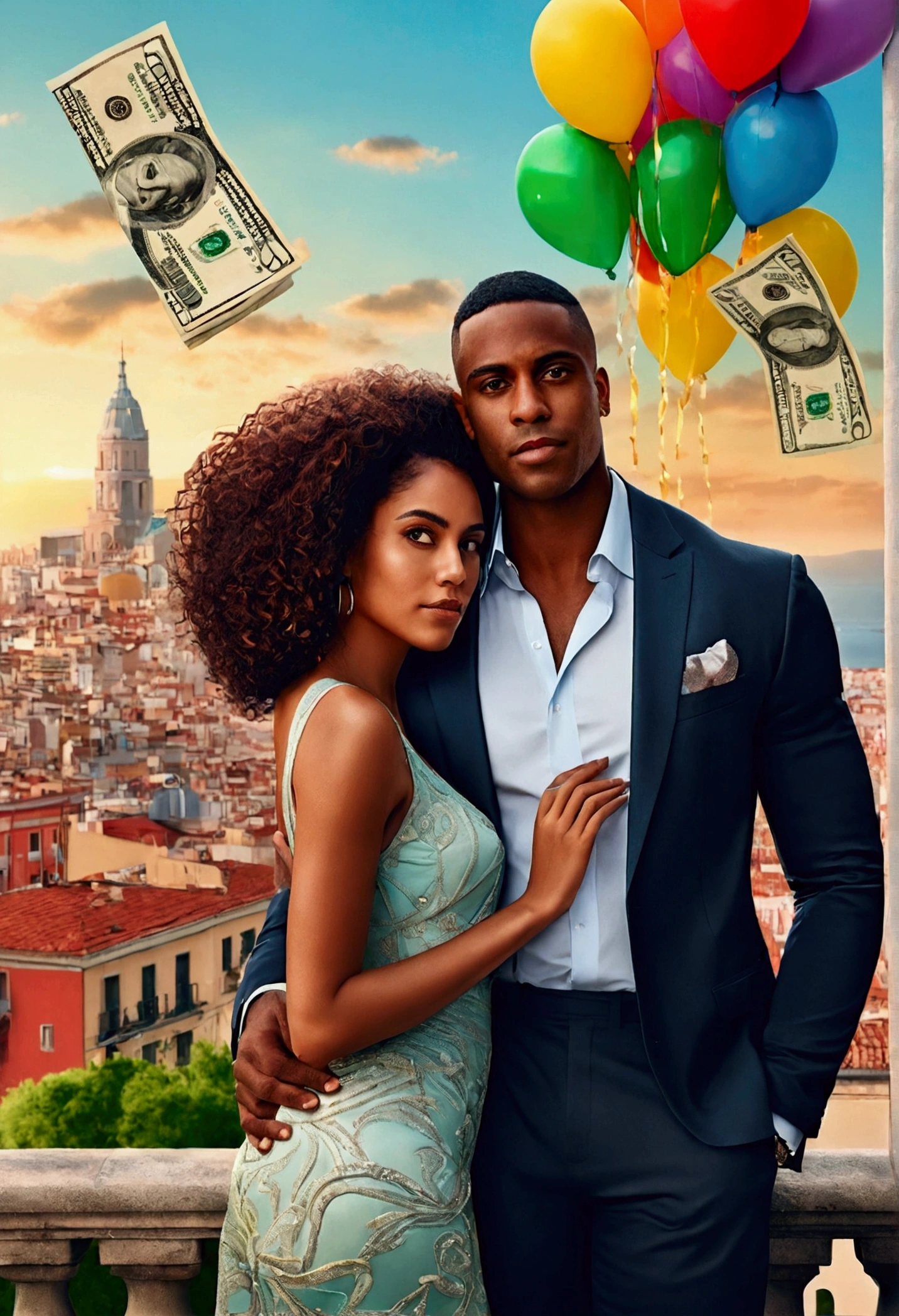 a romantic city in the background, a beautiful couple black man and latin woman, romantic posture, Casual clothes, Many luxury bills and money in the air., hyperrealistic image, artistic, Surreal, 8k, imagen artistic