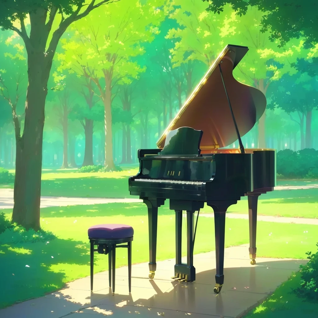 There is a piano and a chair on the sidewalk in the park., Anime Background art, Piano in the background, Anime Art Wallpapers 8K, Beautiful peaceful scene in anime, Anime Background, Colorful anime movie background, anime art wallpaper 4k, anime art wallpaper 4k, Background artwork, Atei Gailan Style, Beautiful anime scene, Relaxing concept art
