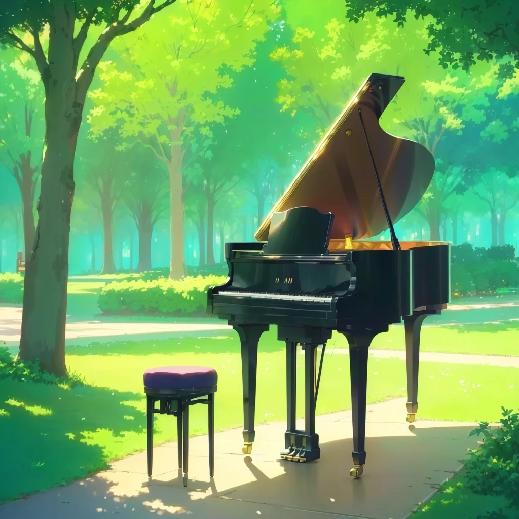 There is a piano and a chair on the sidewalk in the park., Anime Background art, Piano in the background, Anime Art Wallpapers 8K, Beautiful peaceful scene in anime, Anime Background, Colorful anime movie background, anime art wallpaper 4k, anime art wallpaper 4k, Background artwork, Atei Gailan Style, Beautiful anime scene, Relaxing concept art