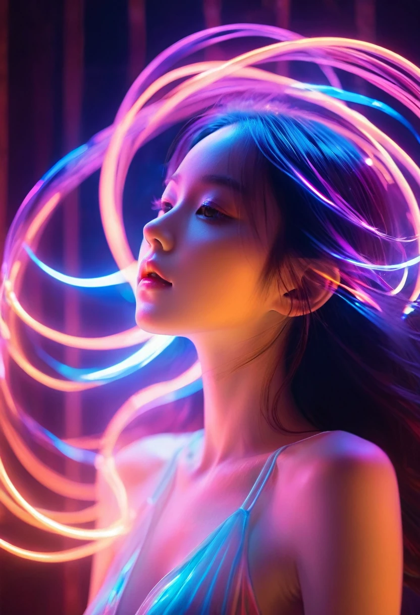 Translucent illuminant,Shine,bail_model,1 girl,Pale skin,Black Neon Light,Long-term exposure,Motion Blur,1 girl,(Shineing atmosphere, Charming Lights, Bright lighting, Ethereal atmosphere, mesmerizing Shine, Exciting colors, Attractive colors, Dramatic lighting, Captivating aura),
