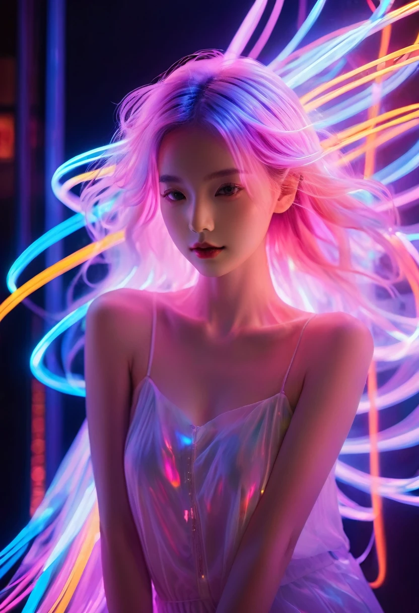 Translucent illuminant,Shine,bail_model,1 girl,Pale skin,Black Neon Light,Long-term exposure,Motion Blur,1 girl,(Shineing atmosphere, Charming Lights, Bright lighting, Ethereal atmosphere, mesmerizing Shine, Exciting colors, Attractive colors, Dramatic lighting, Captivating aura),