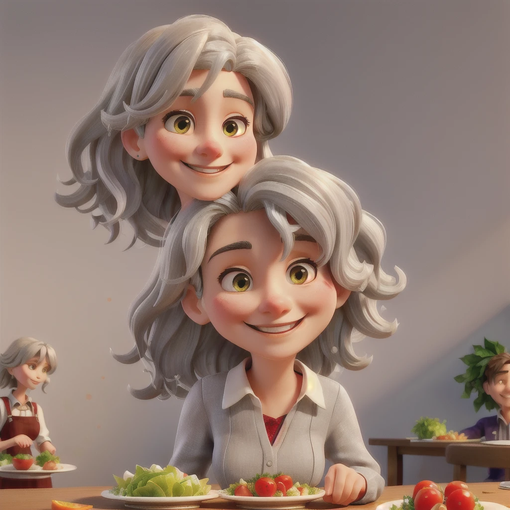 woman with medium wavy, slightly gray hair, holding a plate of fried chicken with lettuce and cut tomatoes. She has a clear smile on her face. In the background there is a completely clear wall.