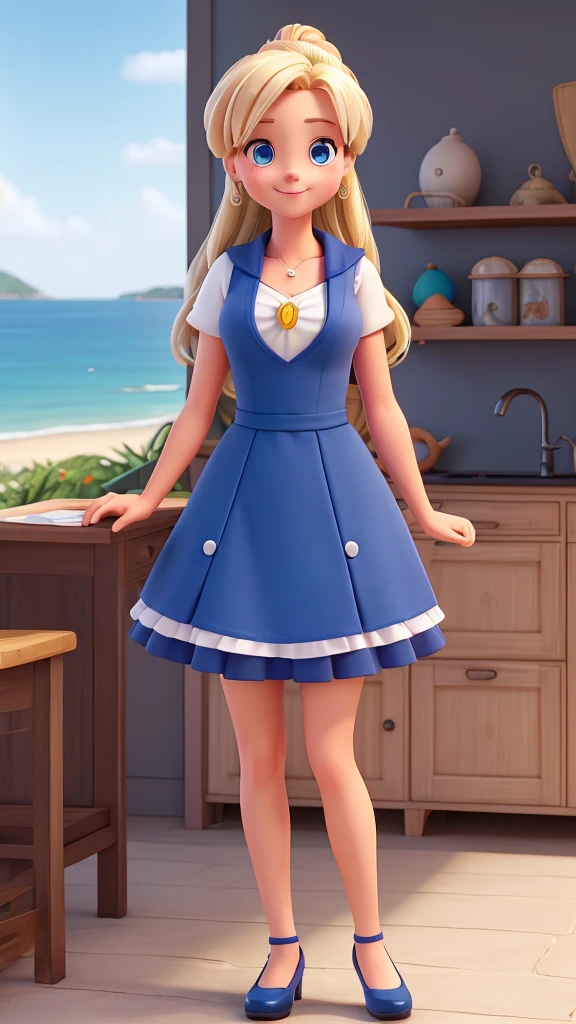 Adult woman blonde hair, blue eyes, two buns, rostro en forma de corazón con vestido de encaje rojo con zapatos de tacón de pie parecida a Usagi Tsukino personaje de Sailor Moon a punto de besarse con Mamoru Chiba hombre adulto fuerte con cabello negro y blue eyes, confident smile, handsome man in gray suit with a beach house and the sea in the background 