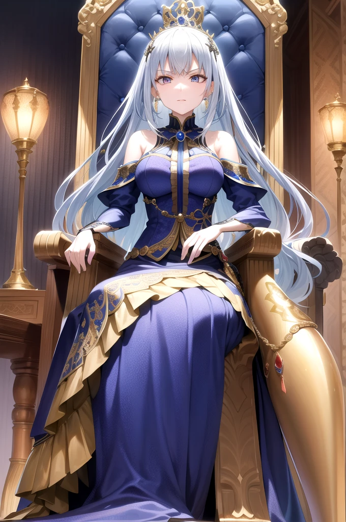 Create a highly detailed mobile wallpaper of a grand throne room. Arisu Sakayanagi is seated on an ornate throne, elegantly playing chess. She is in her signature outfit, with a thoughtful and focused expression. The throne room should have a majestic, fantasy style with intricate decorations, rich colors, and an air of elegance and power. Include detailed elements of the chessboard and pieces, as well as the ornate design of the throne and the room. Ensure the composition is vertical to fit a mobile screen, capturing the sophistication and grace of Arisu Sakayanagi