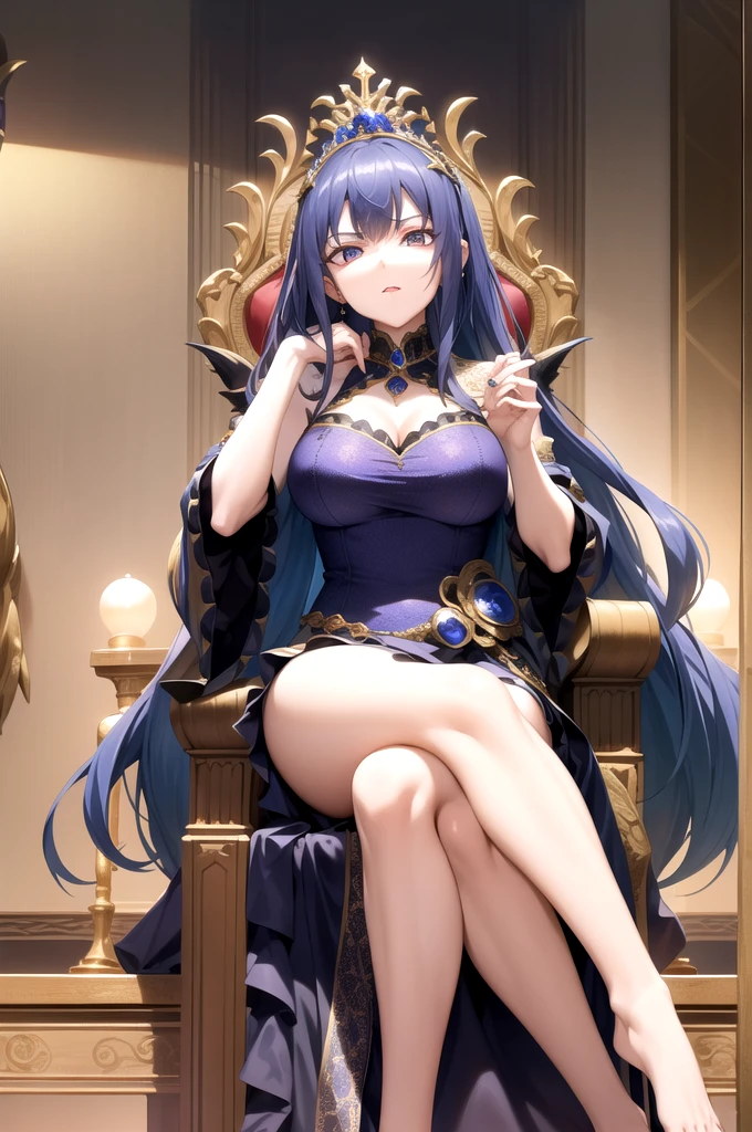 Create a highly detailed mobile wallpaper of a grand throne room. Arisu Sakayanagi is seated on an ornate throne, elegantly playing chess. She is in her signature outfit, with a thoughtful and focused expression. The throne room should have a majestic, fantasy style with intricate decorations, rich colors, and an air of elegance and power. Include detailed elements of the chessboard and pieces, as well as the ornate design of the throne and the room. Ensure the composition is vertical to fit a mobile screen, capturing the sophistication and grace of Arisu Sakayanagi