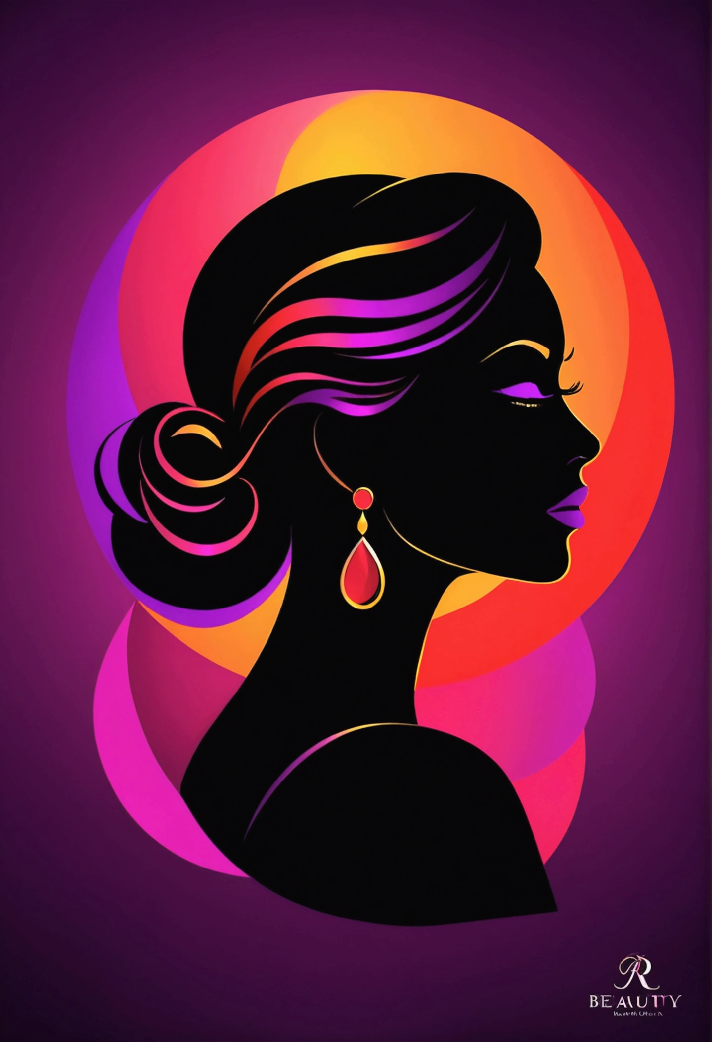 Make me a professional logo for a professional brand, related to beauty, aesthetics and personal care. Called Beauty Aura, a silhouette of a beautiful woman in the background, vivid colors, red, rosado, purple, gold and black, well contrasted. With a more contrastable and vivid background color