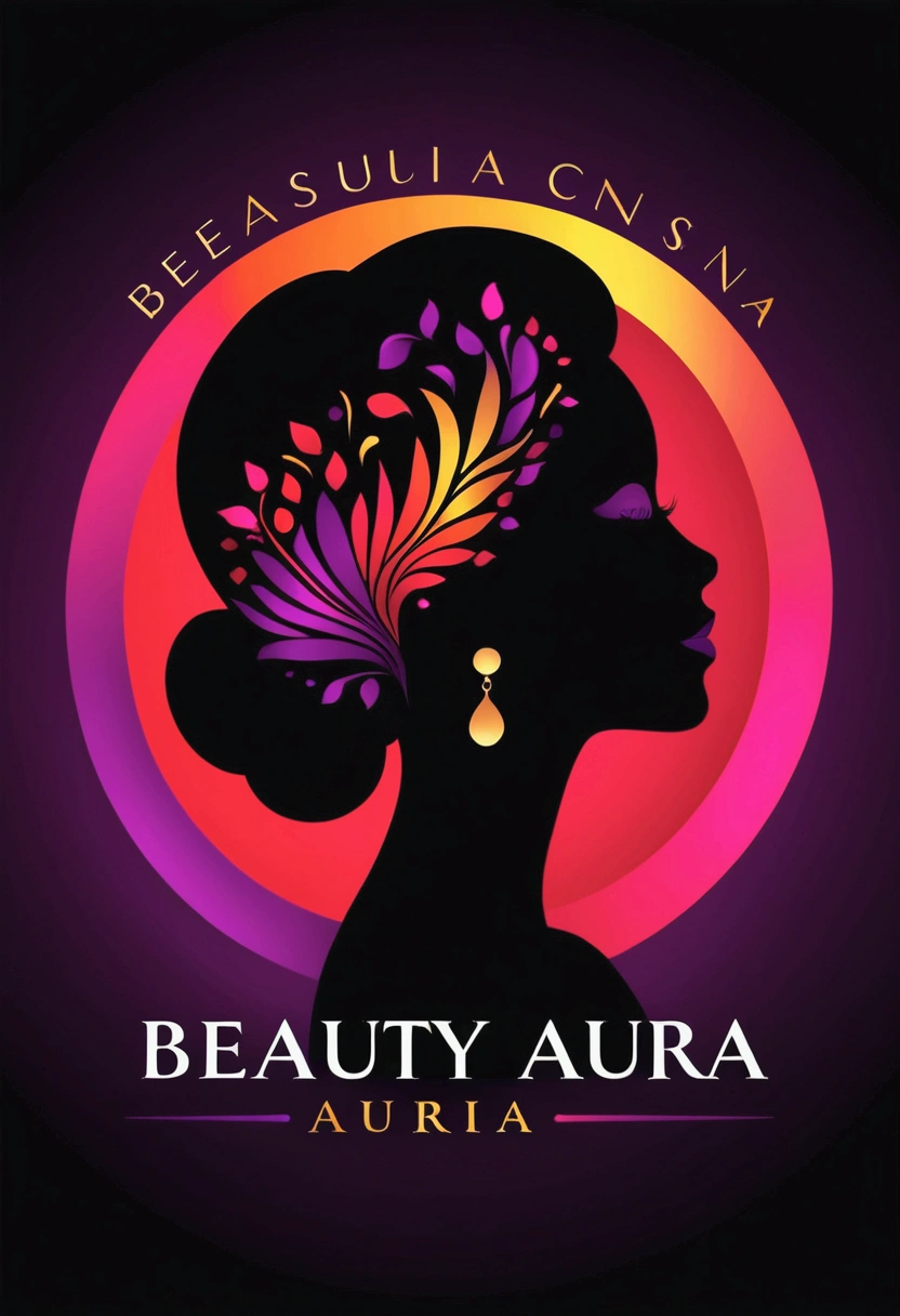 Make me a professional logo for a professional brand, related to beauty, aesthetics and personal care. Called Beauty Aura, a silhouette of a beautiful woman in the background, vivid colors, red, rosado, purple, gold and black, well contrasted. With a more contrastable and vivid background color