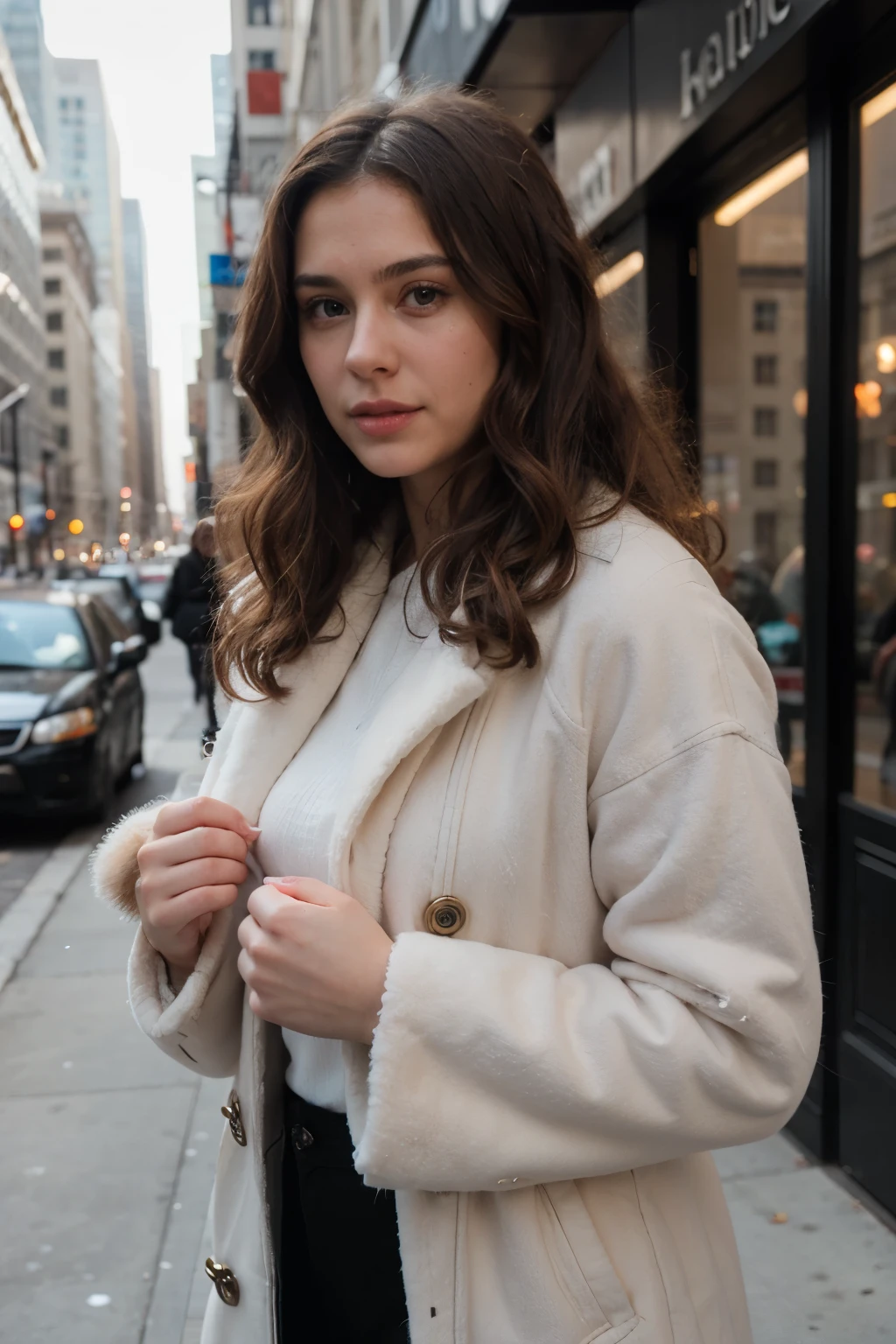 a super realistic woman in a fur coat in NY with curly brown hair
