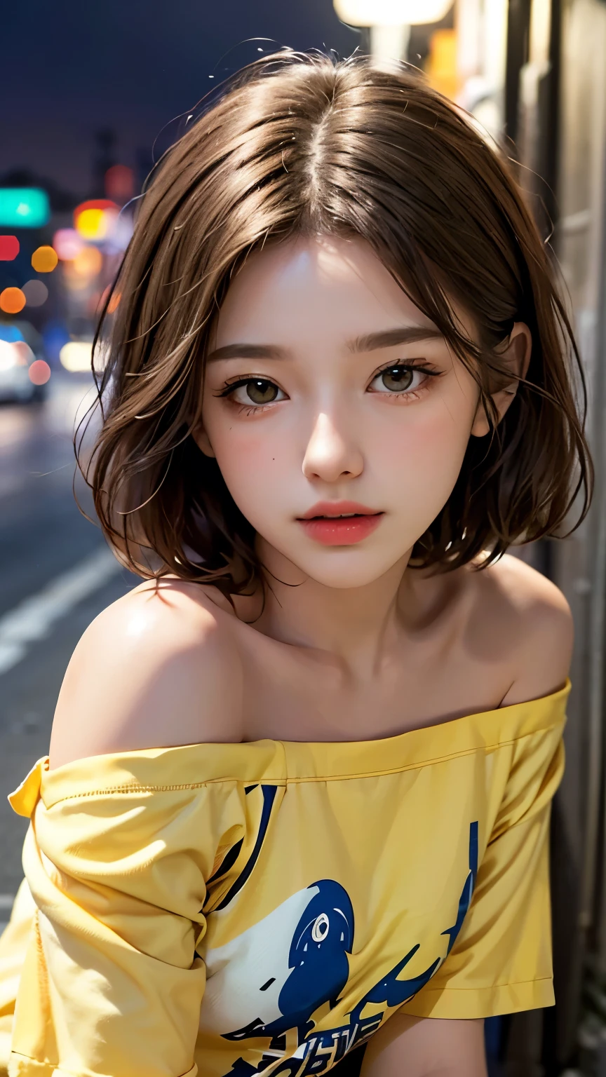 He is wearing a colorful, oversized yellow T-shirt.., Highest quality, masterpiece, Ultra-high resolution, (Realistic:1.4), RAW Photos, One Girl, Off the shoulder, In the Dark, Deep Shadow, Moderate, Night Alley, short hair, roadside, Sitting, 20-year-old,Cute Face, Tight shirt,(head shot:1.5)