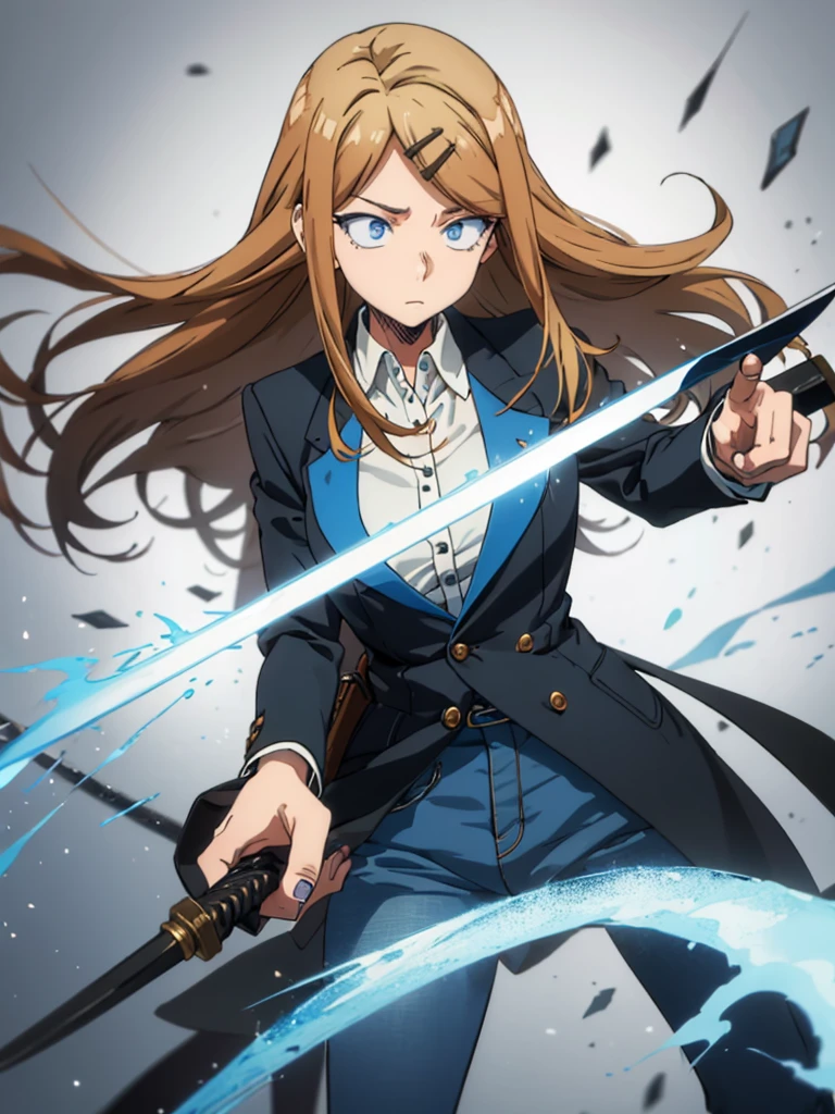 anime girl, big hair (russet hair), blue colored eyes, black jersey, white jacket, jeans, and a sword at his waist