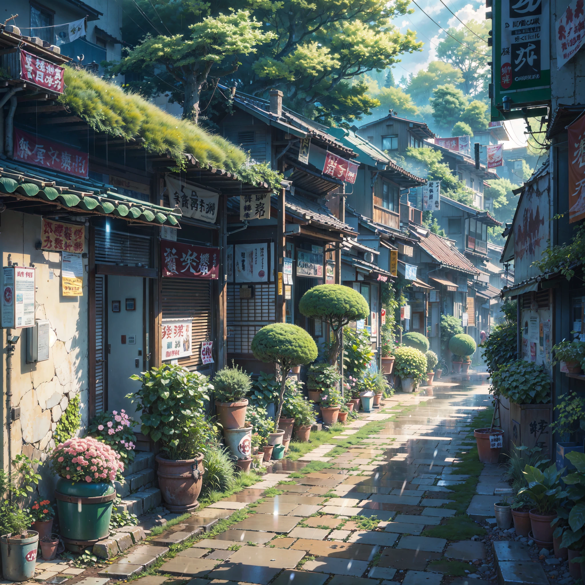 anime scenery of a village with a path and a house, anime countryside landscape, anime background art, beautiful anime scenery, beautiful anime scene, anime landscape, anime scenery, painted in anime painter studio, anime scenery concept art, anime nature, anime beautiful peace scene, anime landscape wallpaper, beautiful anime artwork, scenery artwork, anime lush john 8k woods, raining, gloomy weather, narrow compact street, heavy rain, rain falling from the sky, visible rain drops, rain, raining, high detail, anime, anime style, sparkle, cinematic lighting, god rays, glowing light, reflection light, close-up, lens flare, masterpiece, high details, best quality, super detail, high quality, anime background, anime wallpaper, sunny weather, bright blue sky, dramatic lighting, narrow japanese urban alleyway, japanese shop signs, japanese signs, japanese banners, banners, plant pots, plants, trees, grass, cobble path, trash cans