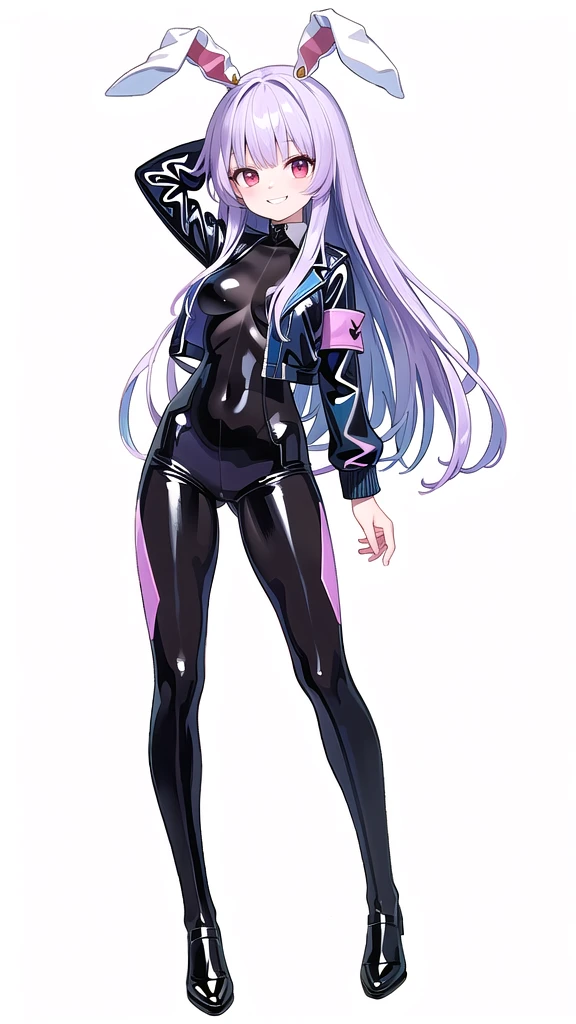 (((high quality))),(((masterpiece))),(((highly detailed))),((illustration style)),(((one girl))),(((reisen udongein inaba))), (touhou),(((red eyes))),rabbit girl,(((rabbit ears))),rabbit tail,(((light purple hair))),(((very long hair)))(((white leather jacket))),(((blue full bodysuit))),((latex)), (shiny clothes:1.2),(((grin))),(((full body))),(((arm behind head))),(((model posing))),((((simple white background))),(((Angle from below)))