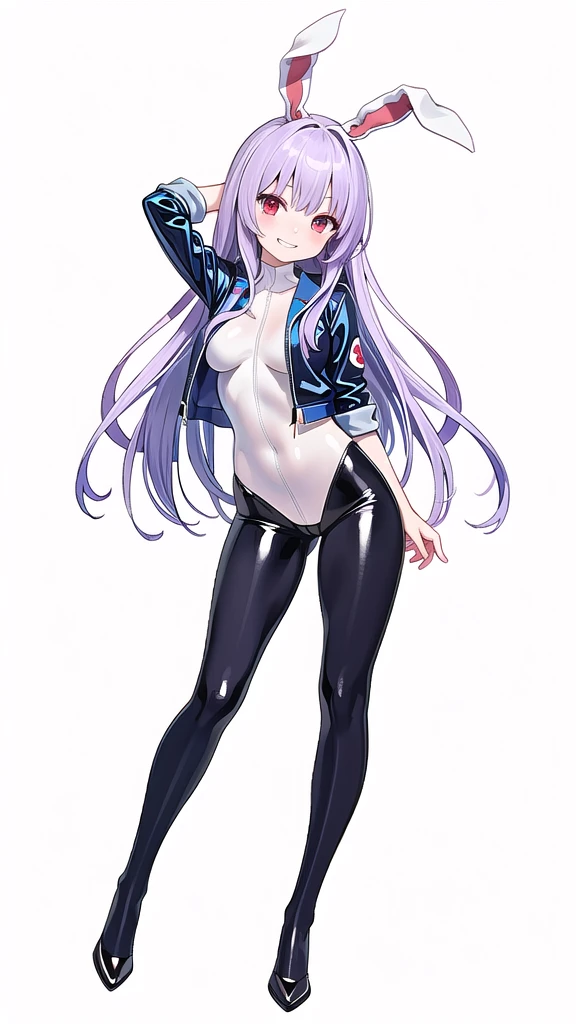 (((high quality))),(((masterpiece))),(((highly detailed))),((illustration style)),(((one girl))),(((reisen udongein inaba))), (touhou),(((red eyes))),rabbit girl,(((rabbit ears))),rabbit tail,(((light purple hair))),(((very long hair)))(((white leather jacket))),(((blue full bodysuit))),((latex)), (shiny clothes:1.2),(((grin))),(((full body))),(((arm behind head))),(((model posing))),((((simple white background))),(((Diagonal angle)))