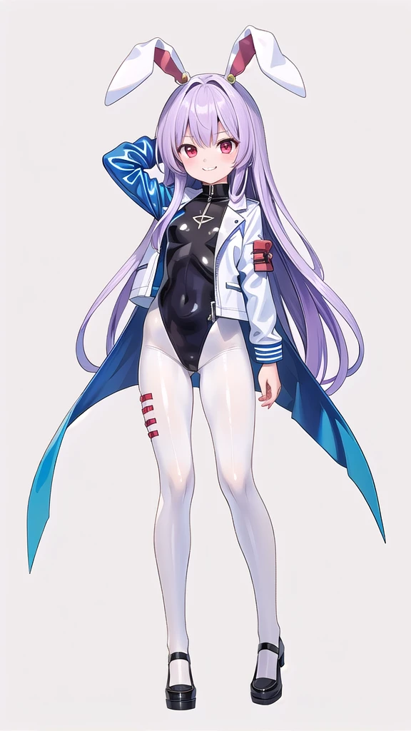 (((high quality))),(((masterpiece))),(((highly detailed))),((illustration style)),(((one girl))),(((reisen udongein inaba))), (touhou),(((red eyes))),rabbit girl,(((rabbit ears))),rabbit tail,(((light purple hair))),(((very long hair)))(((white leather jacket))),(((blue full bodysuit))),((latex)), (shiny clothes:1.2),(((grin))),(((full body))),(((arm behind head))),(((model posing))),((((simple white background))),(((Diagonal angle)))
