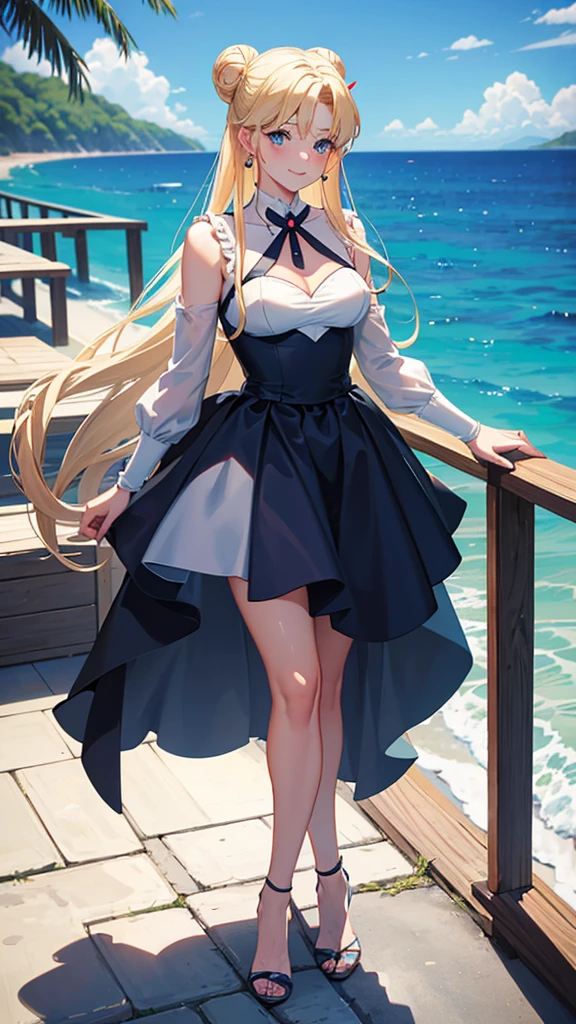 Adult woman blonde hair, blue eyes, two buns, rostro en forma de corazón con vestido de encaje rojo con zapatos de tacón de pie parecida a Usagi Tsukino personaje de Sailor Moon a punto de besarse con Mamoru Chiba hombre adulto fuerte con cabello negro y blue eyes, confident smile, handsome man in gray suit with a beach house and the sea in the background
