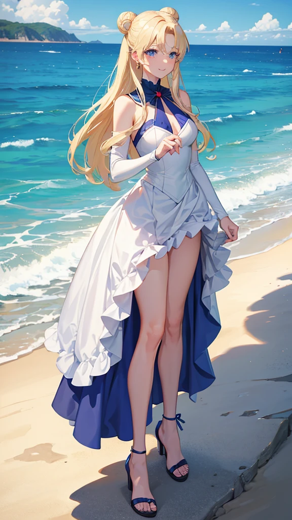 Adult woman blonde hair, blue eyes, two buns, rostro en forma de corazón con vestido de encaje rojo con zapatos de tacón de pie parecida a Usagi Tsukino personaje de Sailor Moon a punto de besarse con Mamoru Chiba hombre adulto fuerte con cabello negro y blue eyes, confident smile, handsome man in gray suit with a beach house and the sea in the background