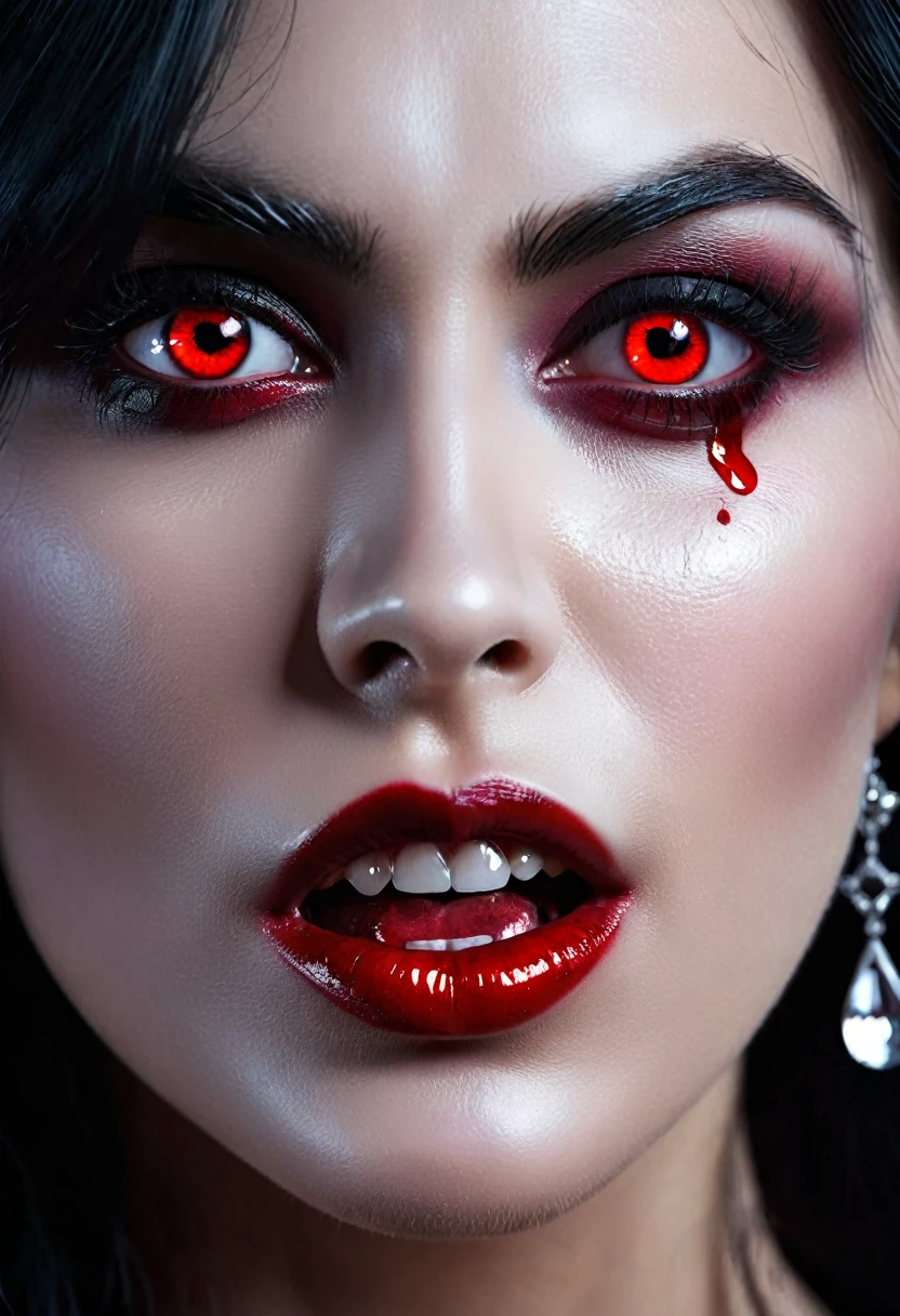 a portrait of vampire with a bloody tear coming down from the eye, an exotic beautiful female vampire, black hair color, dynamic hair style, ultra detailed face, best detailed face, silver eye color, (1single red teardrop: 1.3)), ((tear drop made from blood)), ((teardrop coming down from the eye: 1.3)), small cleavage, wearing two black diamond earrings, Ultra-high resolution, High Contrast, (masterpiece:1.5), highest quality, Best aesthetics), 16K fantasy art, best details, best quality, highres, (ultra wide angle: 1.2), 16k, [ultra detailed], masterpiece, best quality, (extremely detailed), ladyshadow, magical sky, crying style, vampire teeth