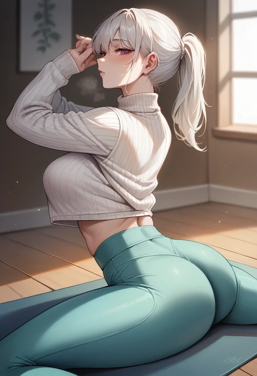 high resolution, best quality, 4k, erotic, perfect body, sexy, 20 yo, white girl, wearing soft sweater, yoga pants