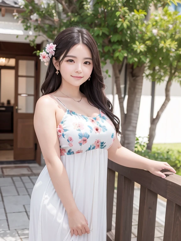 Beautiful and sexy chubby mature.Standing at the resort wearing a patterned short dress. smile、Sexy Woman、輝くsmile、Adorable、race、Frills、Colorful design、Full-length mirror、An inviting gaze、Gorgeous long and beautiful hairstyle、Variation Hairstyle、open neck blouse、Fascinating、garden、Sparkling、Graceful princess、Description of the whole body、１people々。Front view、heart、flower、cute