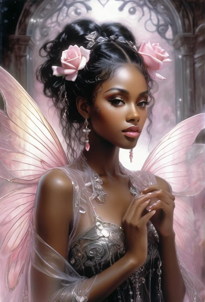 double exposure,A masterpiece,a black girl fairy,big translucent wings,very adorned hair and dress,(black skin)(full body) black goddess, sparkling roses surrounding he,oil painting,by luis Royo, drawn pencil art, ultra detailed, lips ultra gloss, long. wavy hair, dressed long,transculent, dressing, pink cup, bacground vintage, perfect hands, hearts, rose, filigree, glowing, shadowy, ultra quality, 3d, spoked hairstyle