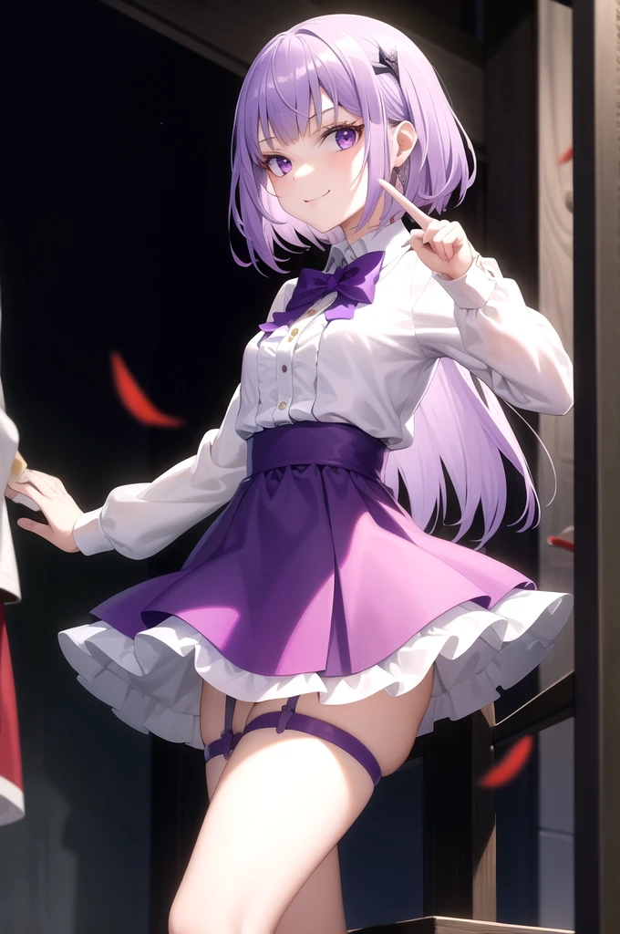 Masterpiece,Best Quality,very aesthetic,absurdities,high resolution,beautiful background,perfect anatomy,Perfect eyes,perfect and detailed face,1 girl,Alone, Sakayanagi, 1 girl, blunt bangs, by white, purple hair, purple eyes,killed, , Red jacket, collar shirt, bow tie, White skirt,white thighs,garter straps,garter belt,light smile,Upper part of the body,fountain_cheered up, screenshots,Leaning forward,put your index finger in your mouth,