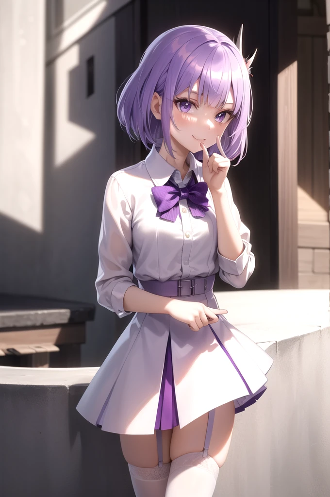 Masterpiece,Best Quality,very aesthetic,absurdities,high resolution,beautiful background,perfect anatomy,Perfect eyes,perfect and detailed face,1 girl,Alone, Sakayanagi, 1 girl, blunt bangs, by white, purple hair, purple eyes,killed, , Red jacket, collar shirt, bow tie, White skirt,white thighs,garter straps,garter belt,light smile,Upper part of the body,fountain_cheered up, screenshots,Leaning forward,put your index finger in your mouth,