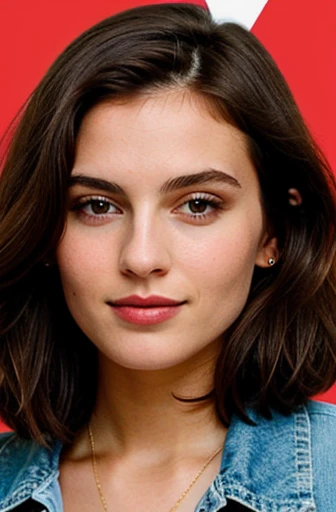 Femme brune européenne hyperréaliste aux cheveux bouclés et au visage rond et sérieux , sans vetements
