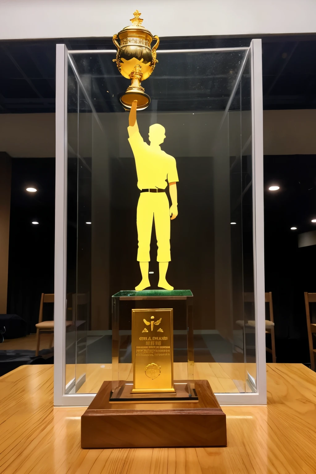 Photo taken from a cell phone of a first place taekwondo trophy whose structure is made of glass with golden touches and at the top has a 2D glass person kicking in the air, no text,the trophy is on a wooden table and the background is a gray wall