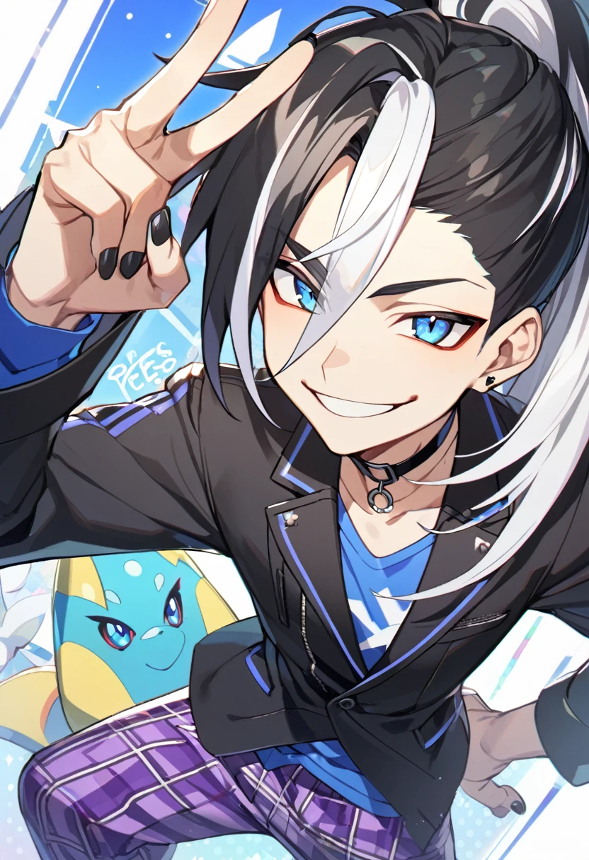 1boy, male focus, ponytail, two-tone hair, black hair, white hair, multicolored hair, long hair, Blue eyes, purple pants, black jacket, blue shirt, plaid pants, black nails, choker,Nez、Pokémon、smile、Make a peace sign、Piers