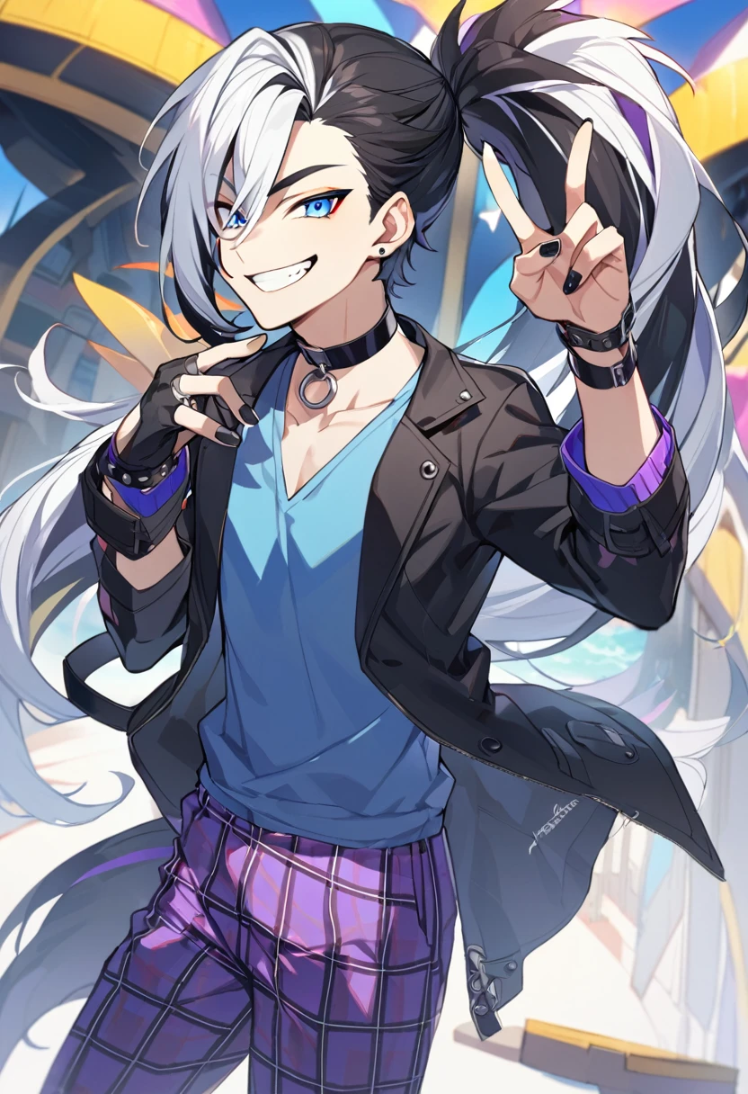 1boy, male focus, ponytail, two-tone hair, black hair, white hair, multicolored hair, long hair, Blue eyes, purple pants, black jacket, blue shirt, plaid pants, black nails, choker,Nez、Pokémon、smile、Make a peace sign、Piers