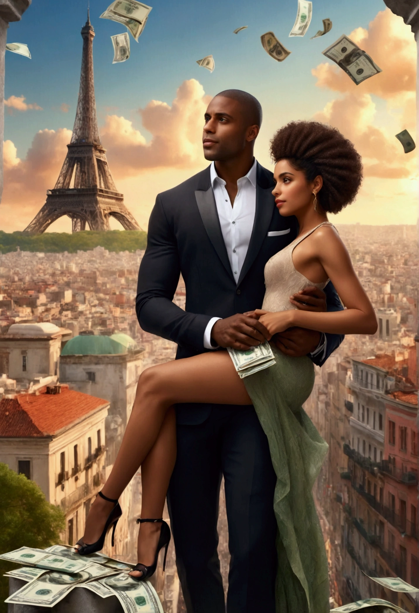a romantic city in the background, a beautiful couple black man and latin woman, romantic posture, Casual clothes, Many luxury bills and money in the air., hyperrealistic image, artistic, Surreal, 8k, imagen artistic
