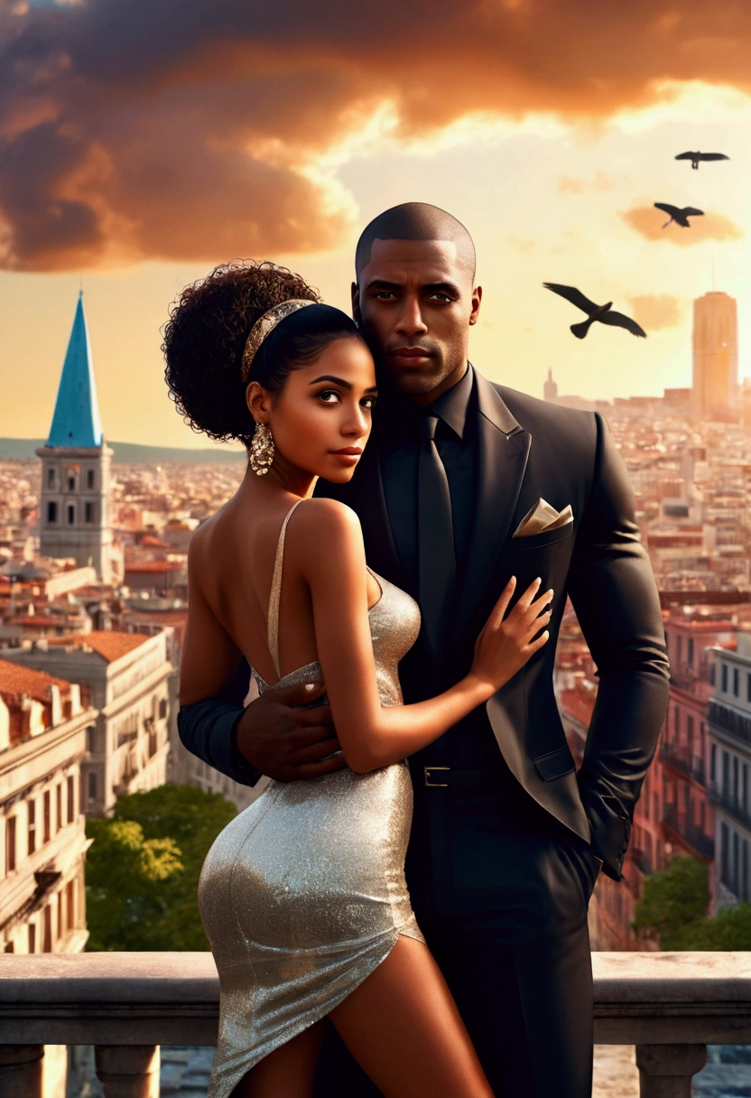 a romantic city in the background, a beautiful couple black man and latin woman, romantic posture, Casual clothes, Many luxury bills and money in the air., hyperrealistic image, artistic, Surreal, 8k, imagen artistic