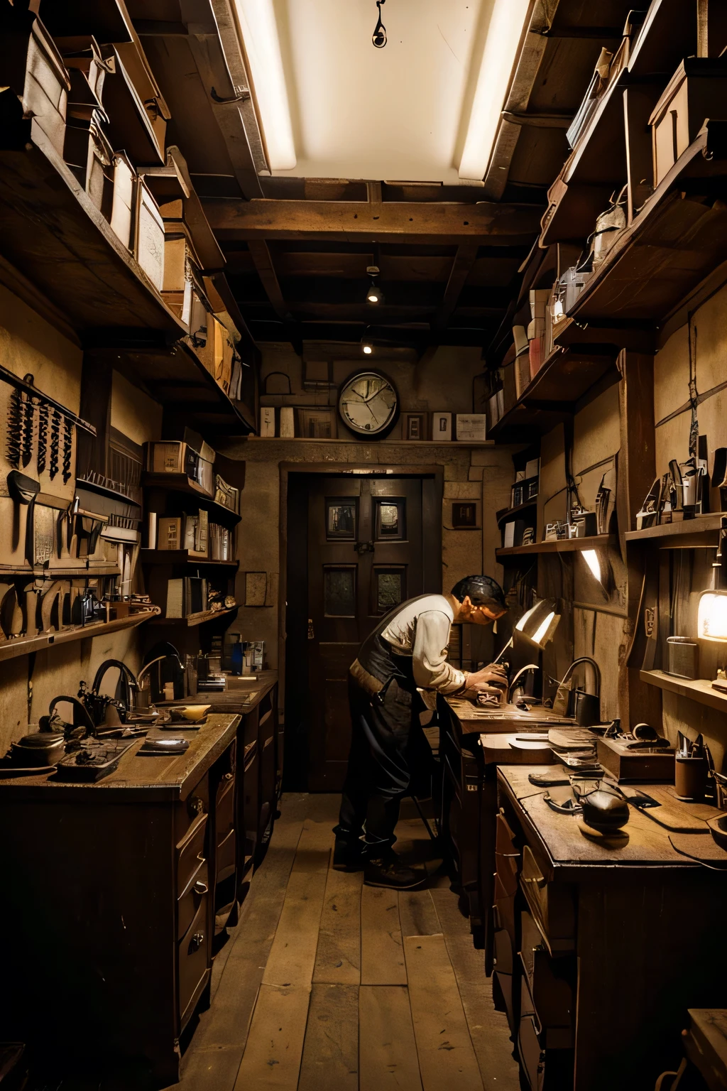 branch 1: Introduction Vignette 1:
Text: In a city where time seems to stop in the darkest and most forgotten corners, Emiliano lives, a watchmaker known for his extraordinary skills. In his small workshop, Antique clocks tell stories of past lives and uncertain futures.
drawing: A general view of a dark and mysterious city, with a small watch workshop in the corner. Inside the workshop, Emiliano meticulously adjusts the hands of a century-old clock, whispering old words. The workshop is full of old watches and tools.