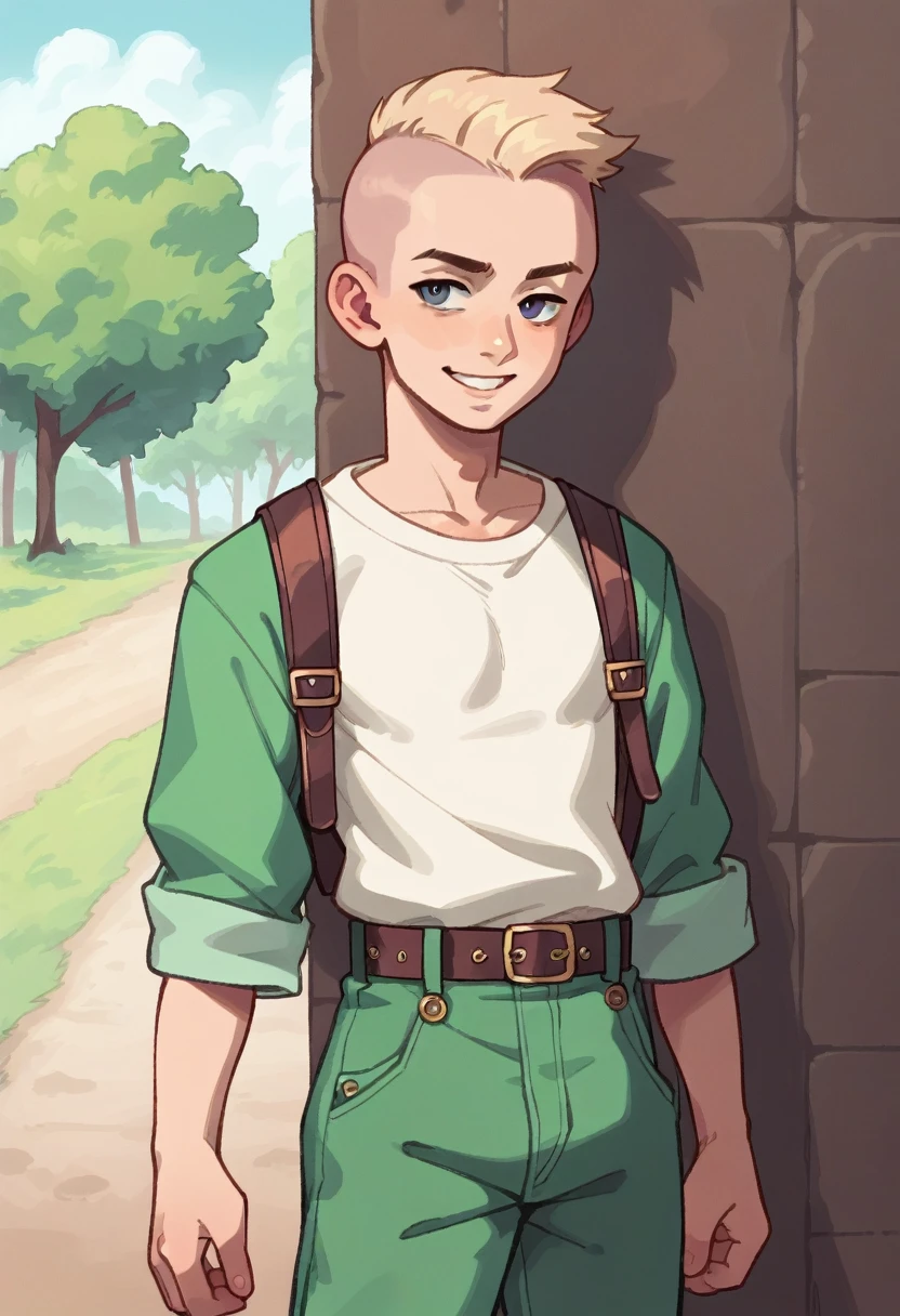 (((Masterpiece))), best quality, cowboy shot, perfect anatomy, (detailed face), outdoors, sunny, warm sunlight, (((realistic faces))), realistic anatomy, painterly)) 1boy, shota, solo, smile, shotacon, ((shaved head))