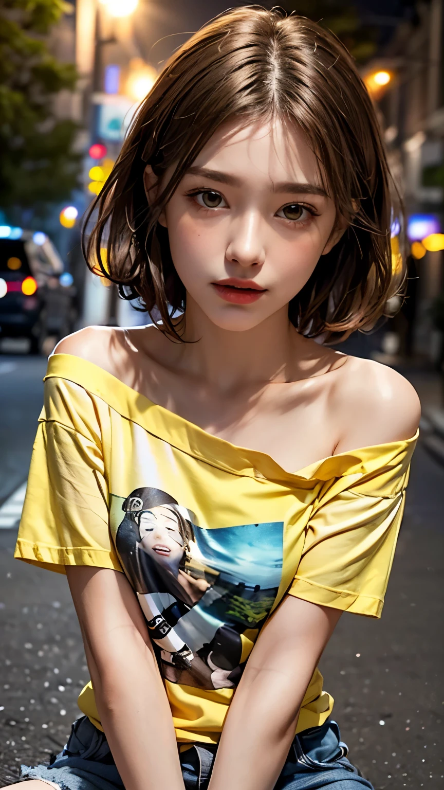 He is wearing a colorful, oversized yellow T-shirt.., Highest quality, masterpiece, Ultra-high resolution, (Realistic:1.4), RAW Photos, One Girl, Off the shoulder, In the Dark, Deep Shadow, Moderate, Night Alley, short hair, roadside, Sitting,  20-year-old,Cute Face, Tight shirt,(head shot:1.5)